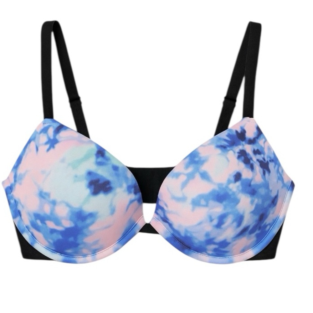 VS PINK Wear Everywhere Push-Up Bra 36DD Blue Tie-Dye Convertible Straps Racer